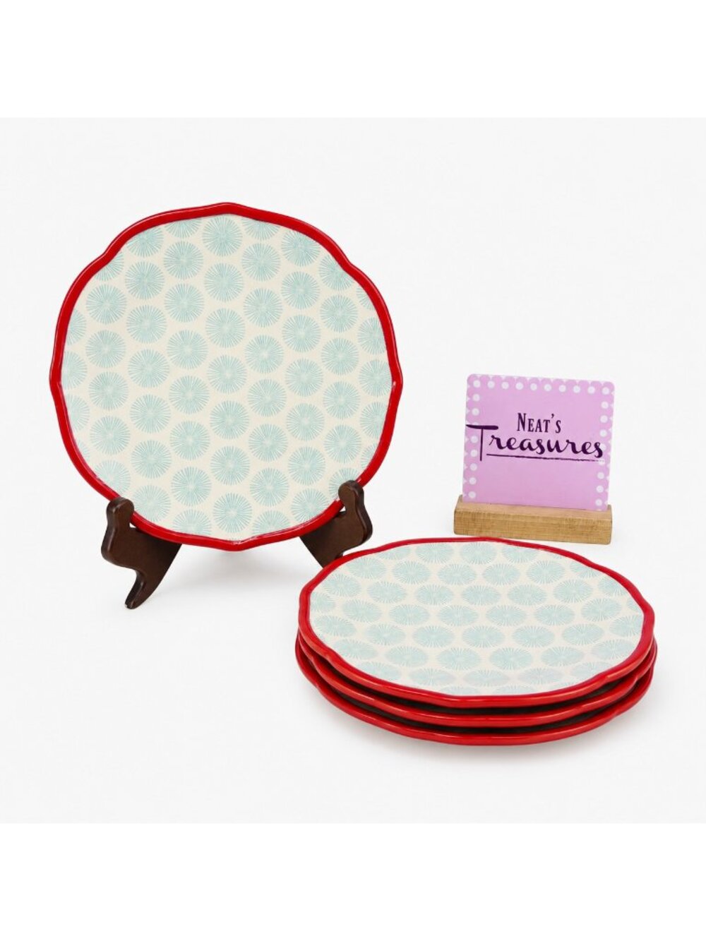 The Pioneer Woman HAPPINESS Red Teal Scallop Floral Stoneware Salad Plates Set 4